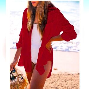 Fore Red Cotton Gauze Button Down Swim Coverup Shirt New